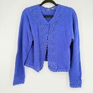 OBR Women's Blue Wool Blend Crochet Trim Cardigan Sweater L
